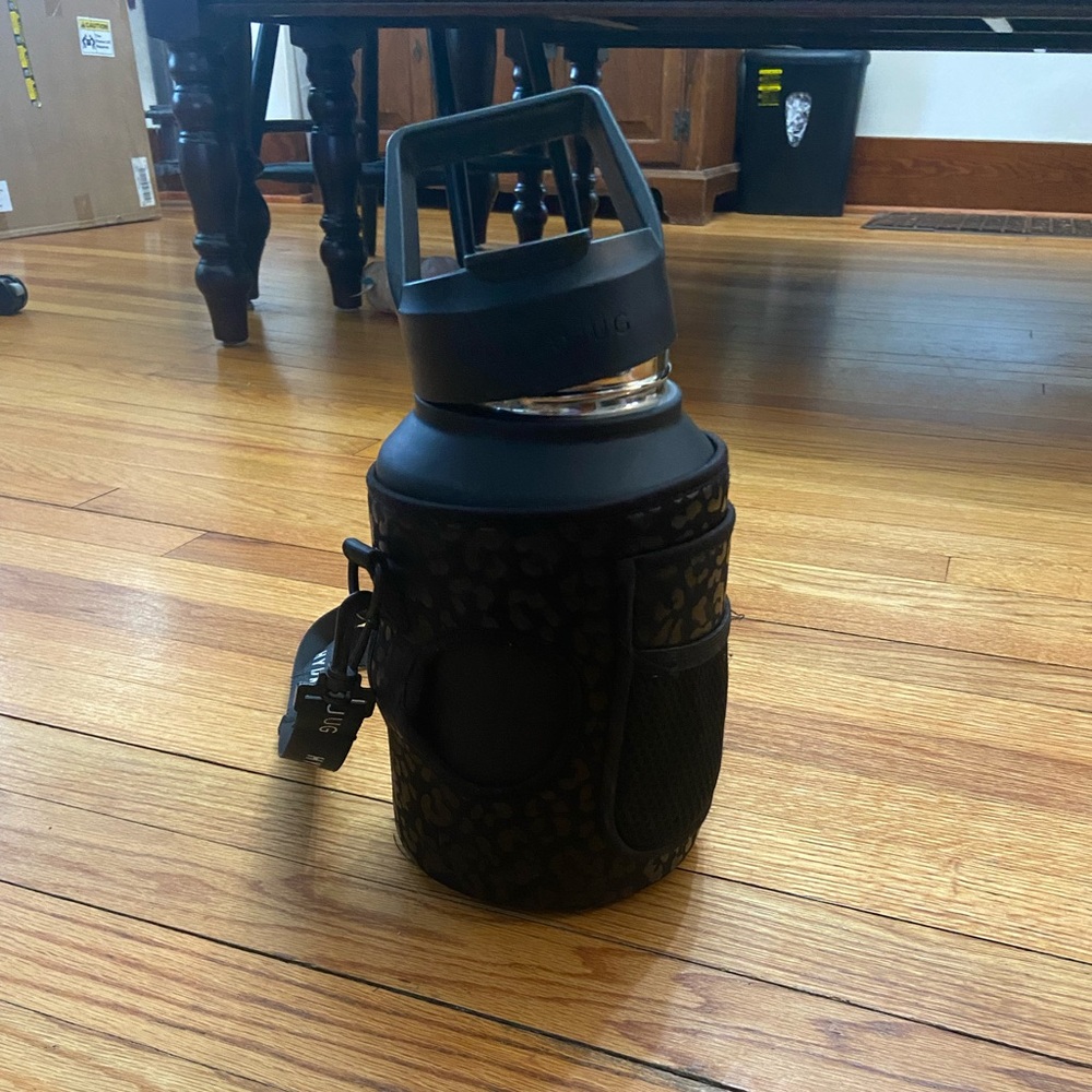 64 Oz Hydrojug stainless steel jug with black leopard carrying sleeve